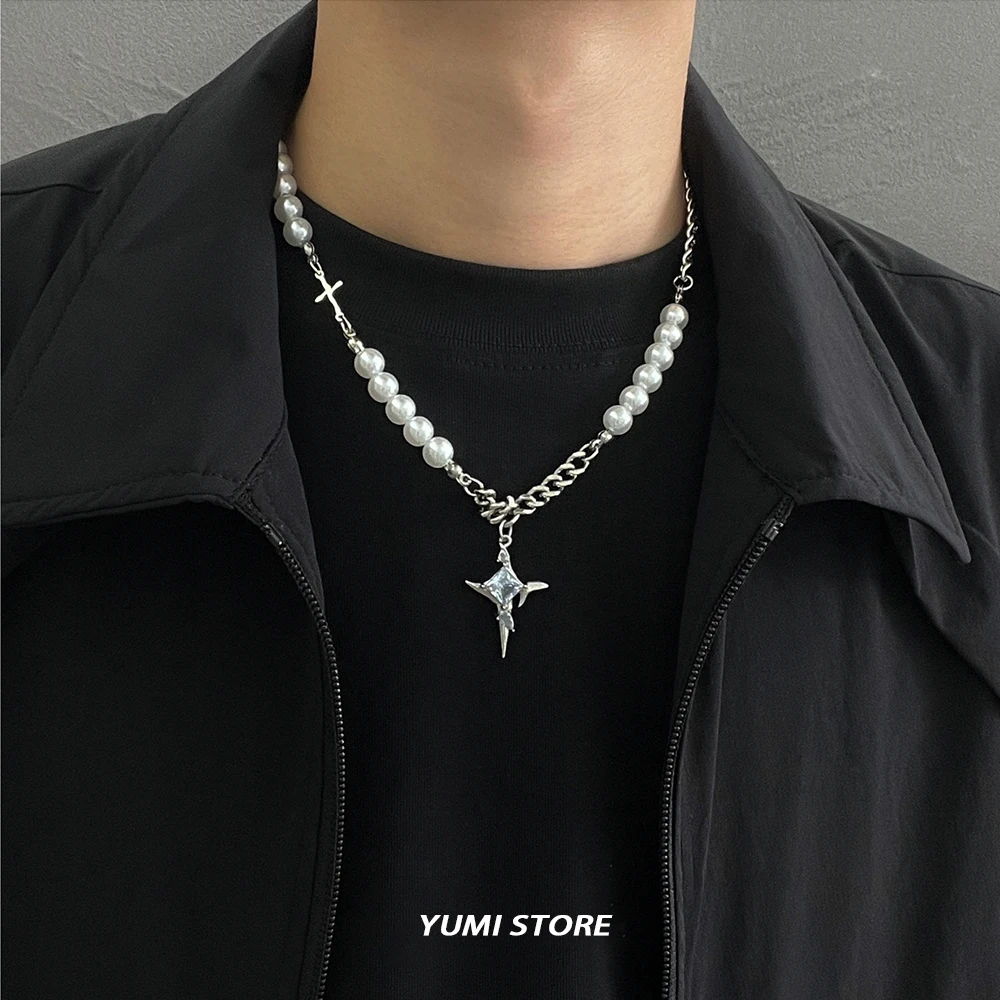 Trend Zircon Cross Pendant Necklace For Men Women Stainless Steel Imitation Pearl Chain Sweater Choker Kpop Hip Hop Jewelry Gift