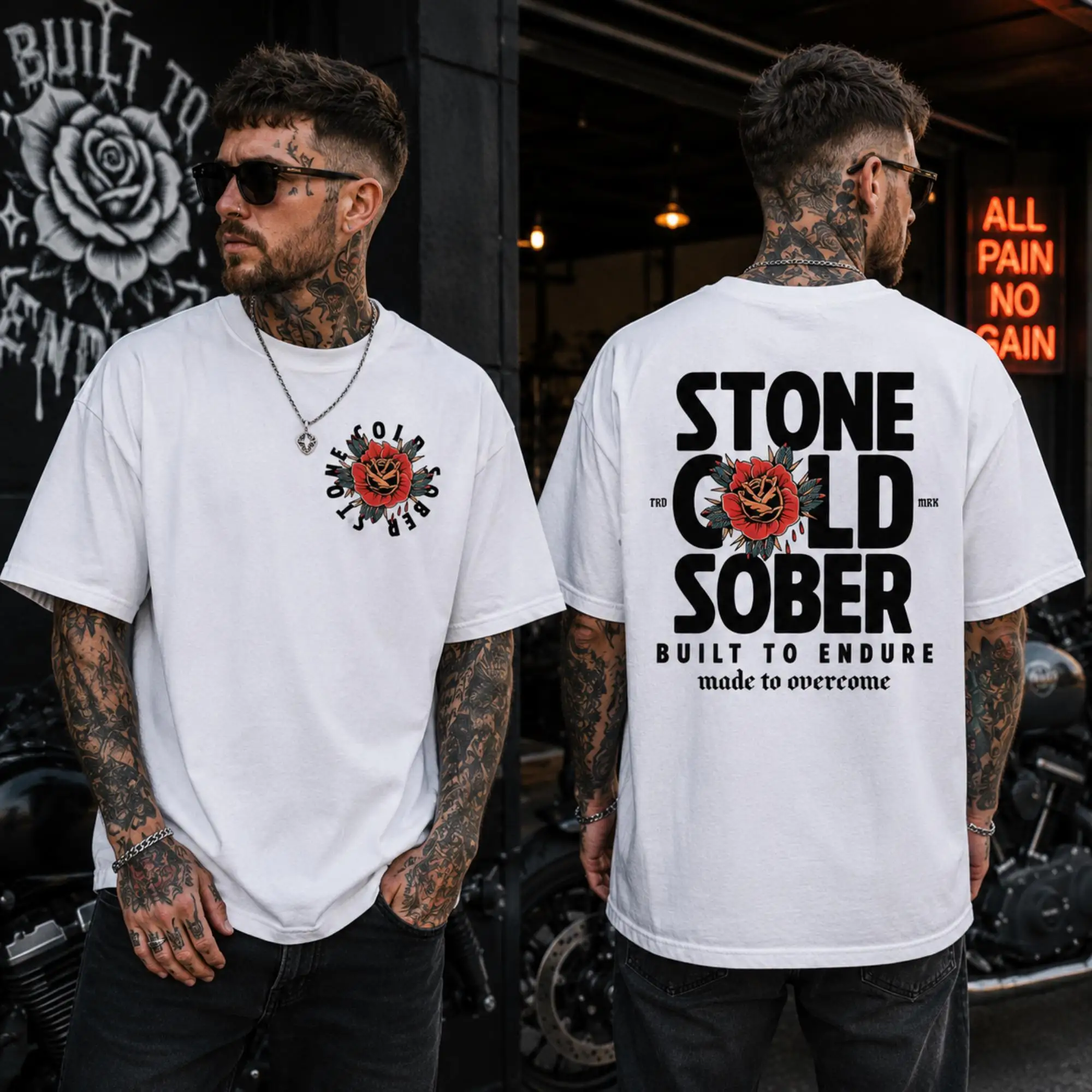 “Men's 'Stone Cold Sober' Graphic T-Shirt Vintage Biker Rose Skull Oversize White Tee Edgy Streetwear”