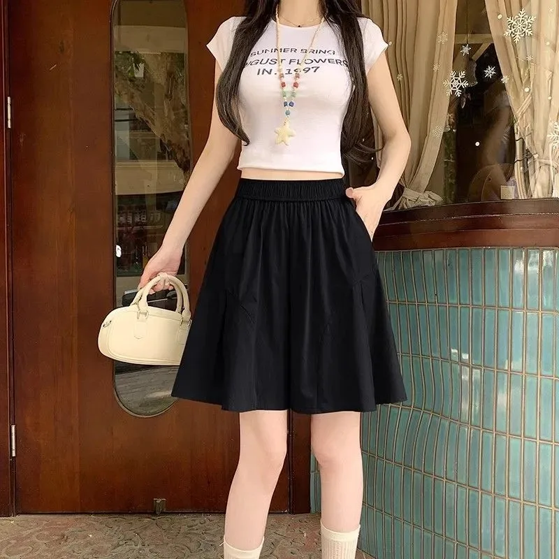 Women's Light Blue High-Waisted Flared Skirt Elastic Waist Plus Size Casual Loose Short Skirt