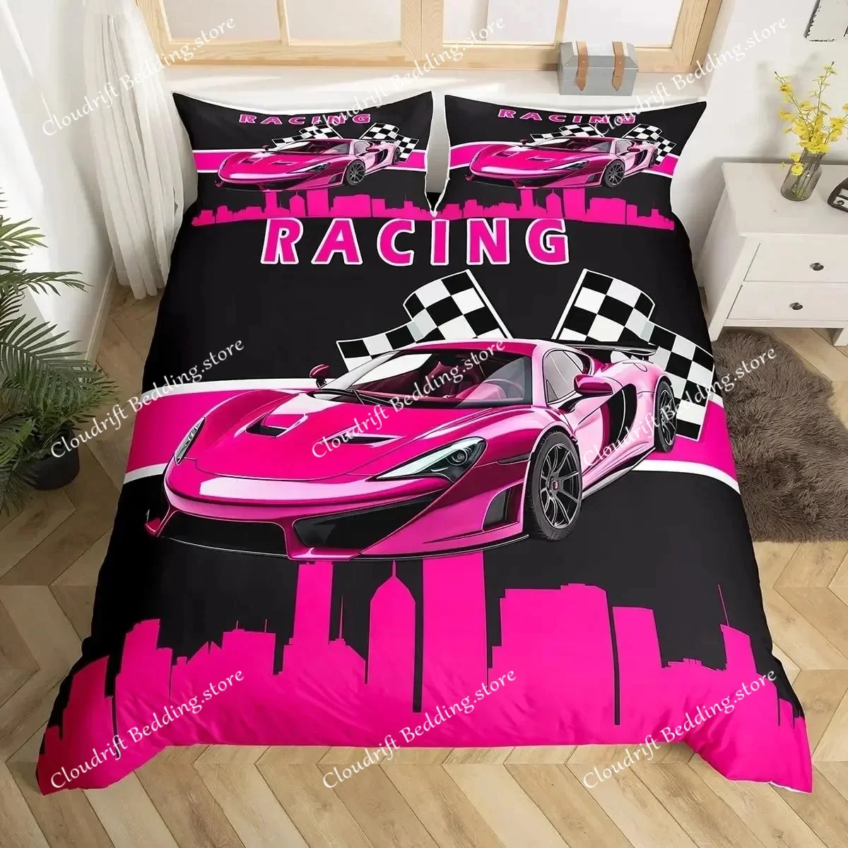 Sports Car Bedding Set Queen Red Racing Car Comforter Cover Extreme Sports Theme Duvet Cover Black and White Grid Quilt Cover