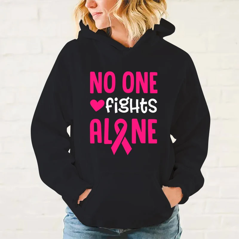 New Fashion Breast Cancer Awareness No One Fights Alone Pullover Long Sleeve Sports Hoodie Women Cotton Sweatshirt Pullover Tops