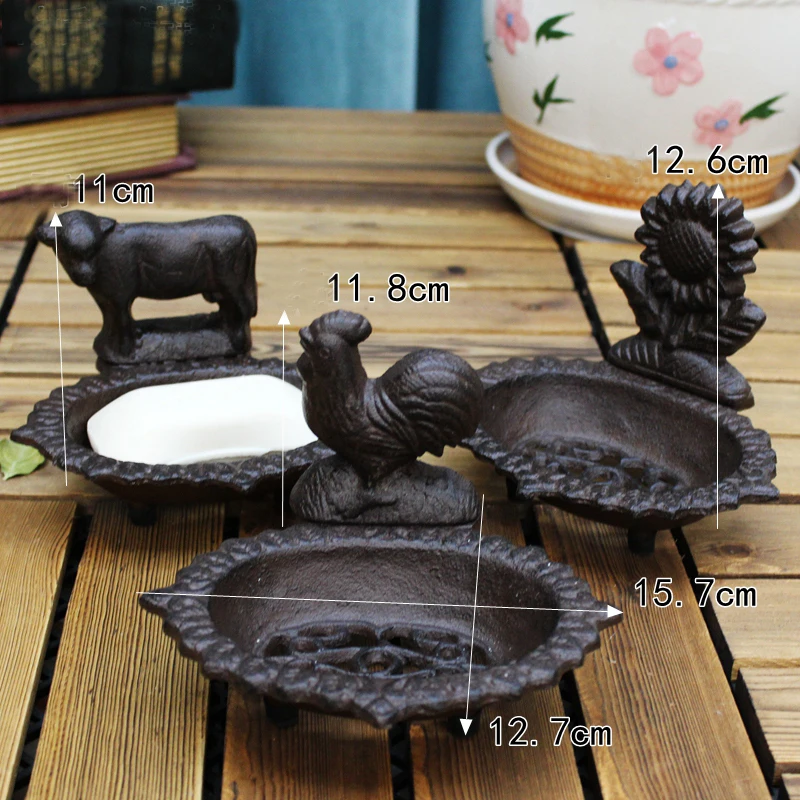 Cow Rooster Sunflower Cast Iron Soap Dish Farmhouse Heavy Duty Drainable Kitchen Soap Holder Bathroom Decorative Accesories