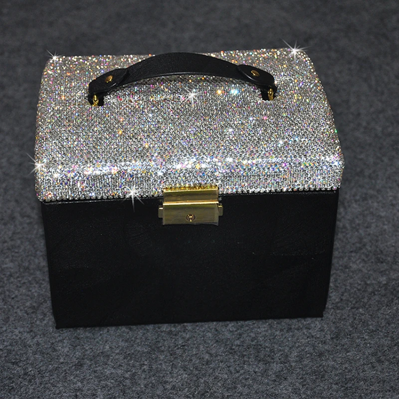 

Jewelry Storage Box Three Layer PU Leather Multifunctional Jewelrry Case With Mirror Rhinestone Handle Organizer Showcase