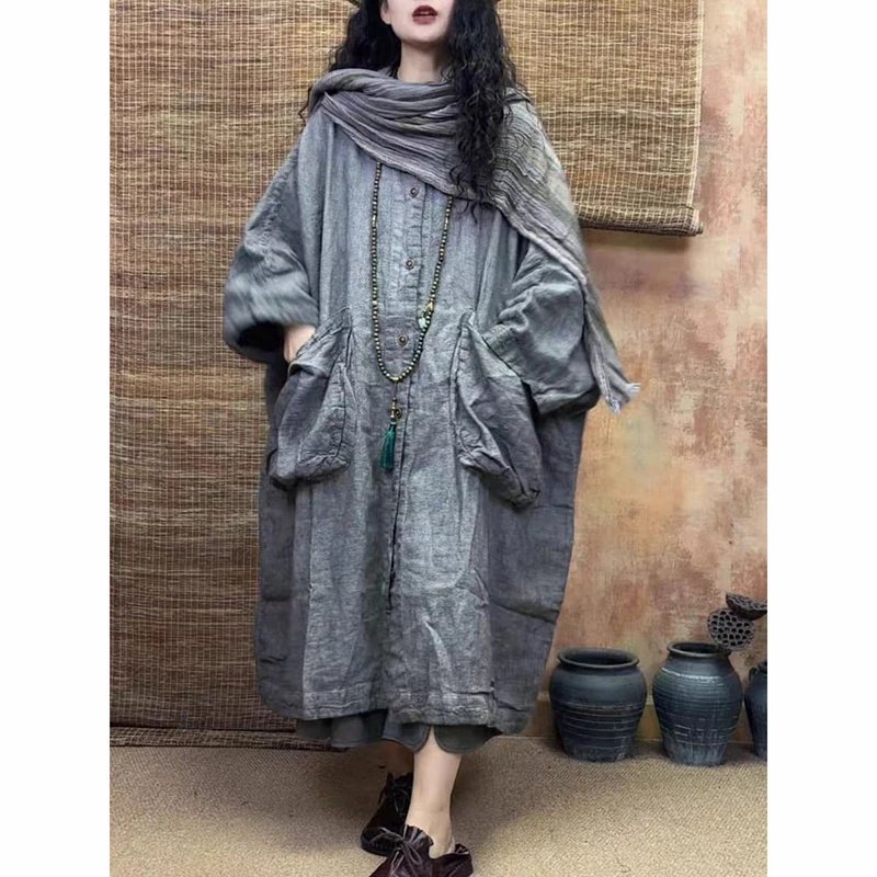 

Осенний художественный стиль, женский однобортный плащ с рукавами «летучая мышь», высококачественное хлопковое льняное винтажное длинное пальто с двойными карманами