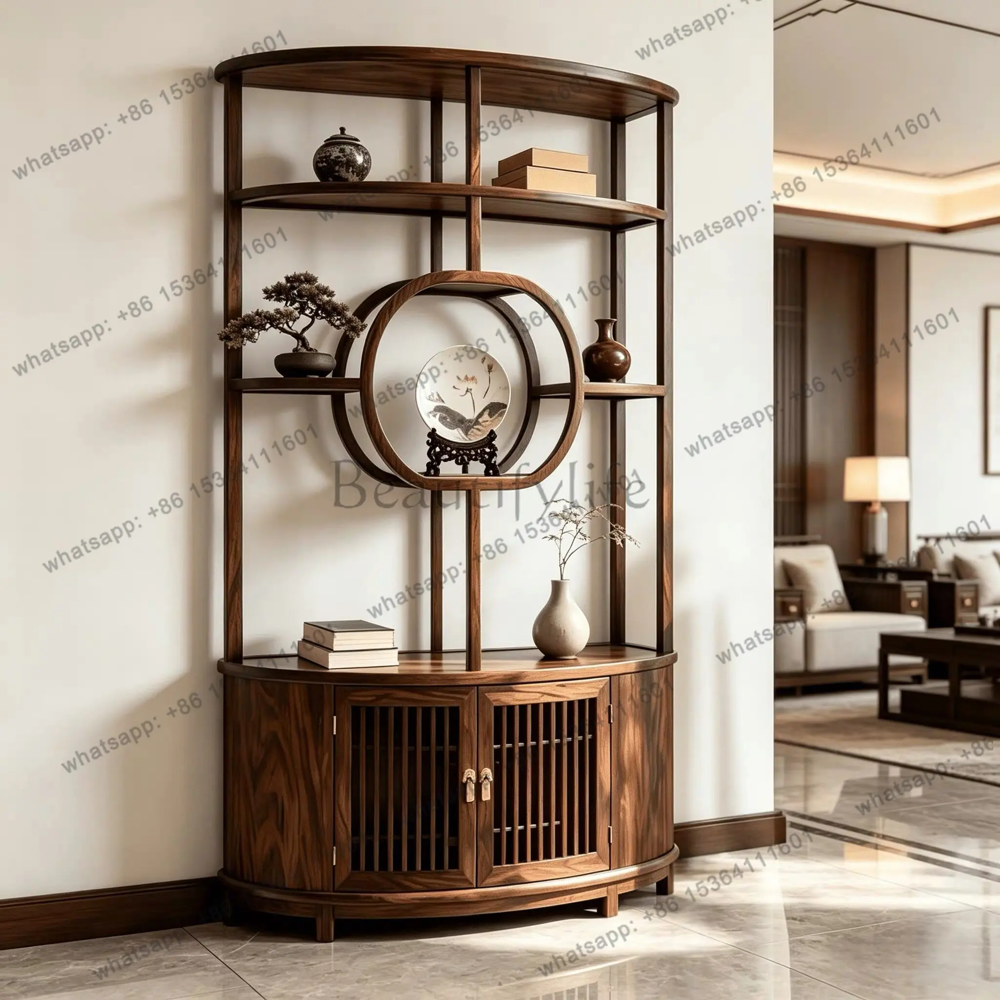 YJ New Chinese North American Black Walnut Bogu Frame Solid Wood Duobao Pavilion Tea Room Storage Rack