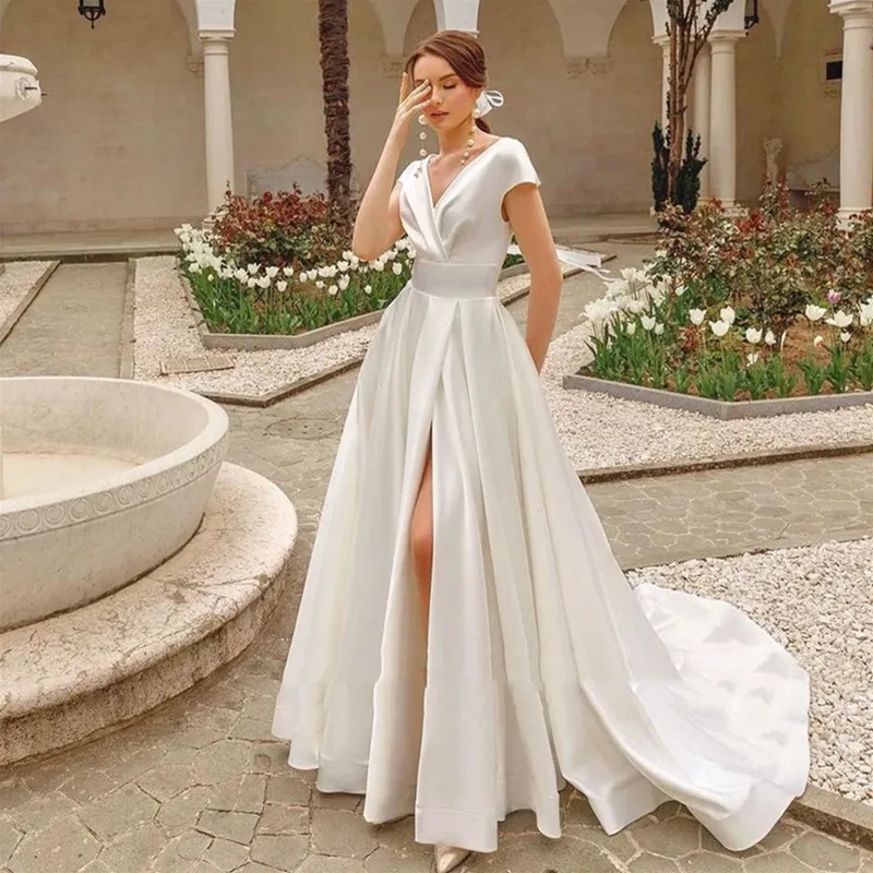 

Elegant A-Line Ivory Satin Wedding Dress for Woman 2024 V-Neck Cap Sleeve Bridal Dressing Pleat High Slit Gown Vestido De Novia