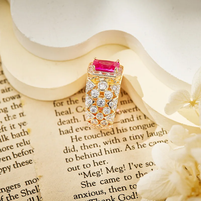 Designer Collection Style High-end Women Lady Hollow Out Inlay Cubic Zircon Artificial Pink Corundum Plated Gold Party Ring image 6