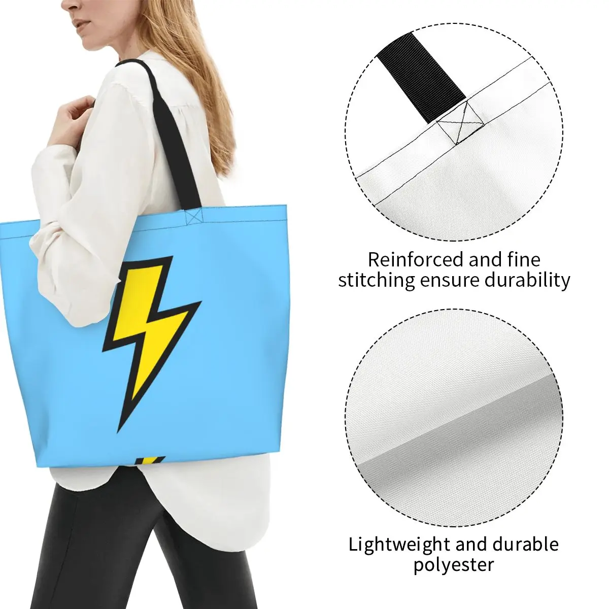 Yellow Lightning Bolts With Bright Blue Shopping Tote Bag Canvas Large Capacity Shoulder Bags Shopper Grocery Handbag for Women