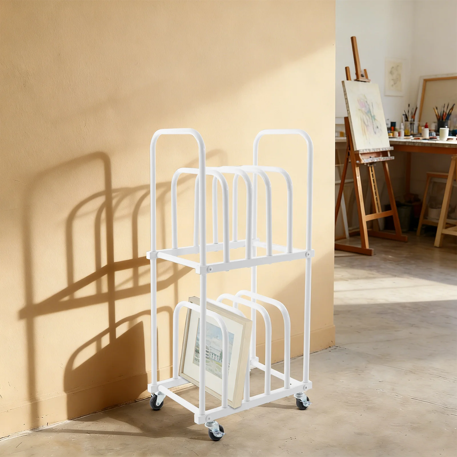 

Plant Hook Storage Rack 2-Tier Art Canvas Organizer with Wheels Movable Display Stand for Studio Gallery Home Decor Black/White