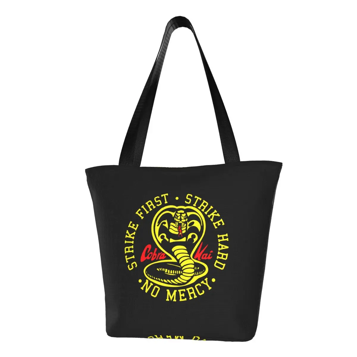 

Custom Cobra Kai The Karate Kid Canvas Shopping Bag Women Reusable Grocery Strike First Strike Hard 80S Movie Shopper Tote Bags