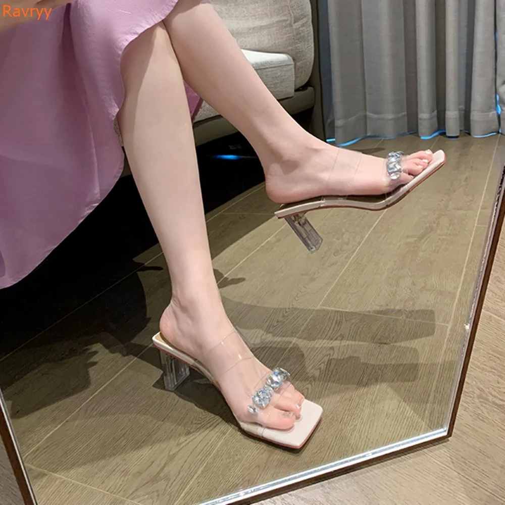 

Bling Bling Crystal One Word Belt Sandals Pvc Slip On Square Toe Clear Chunky Heel Slippers Women Summer Casual Sandals Shoes