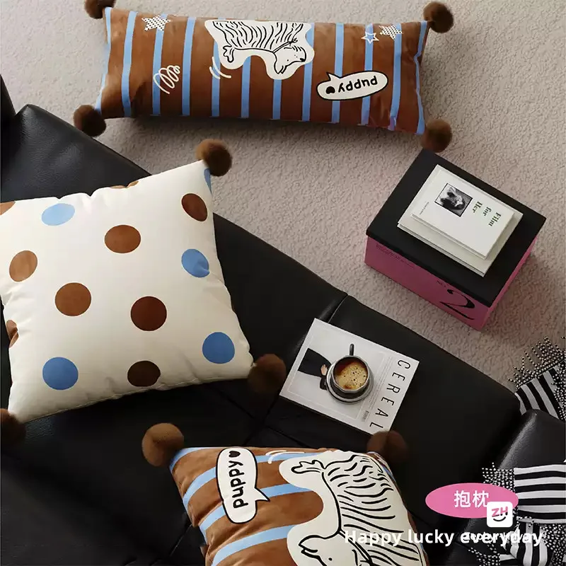 Cute Retro Puppy Throw Pillow Set of 2 – Long Maillard Sofa Cushion, Waist Support Bedside Decor with Legs Design