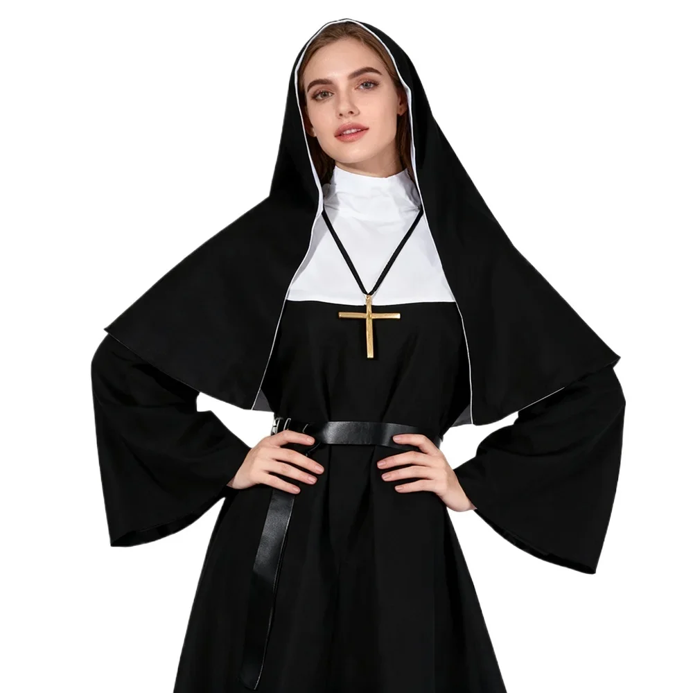 Halloween Nun Cosplay CostumeTraditional Adult Valak Black Religious Robe Suit Halloween Party Demon Nun Performance Clothes
