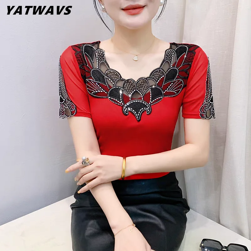 

2025 New Lace Hollow Embroidery Mesh T-Shirt Fashion Casual Short Sleeve Hot Diamonds Women's Tops Elegant O-Neck Sexy Tees