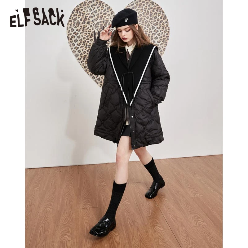 ELFSACK Black Detachable Wool Collar Down Coats Women 2022 Winter New Loose Warm Outwears