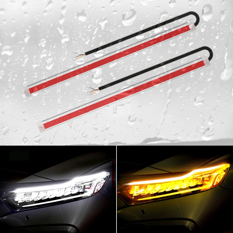 2Pcs New Highlight DRL LED Strip Turn Signal Light Sequential Yellow Bright Flexible Daytime Running Light 12V Car Headlight