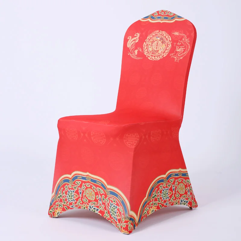 Banquet Wedding Printing Chinese Characteristics Elastic Conjoined Red Chair Cover For Hotel