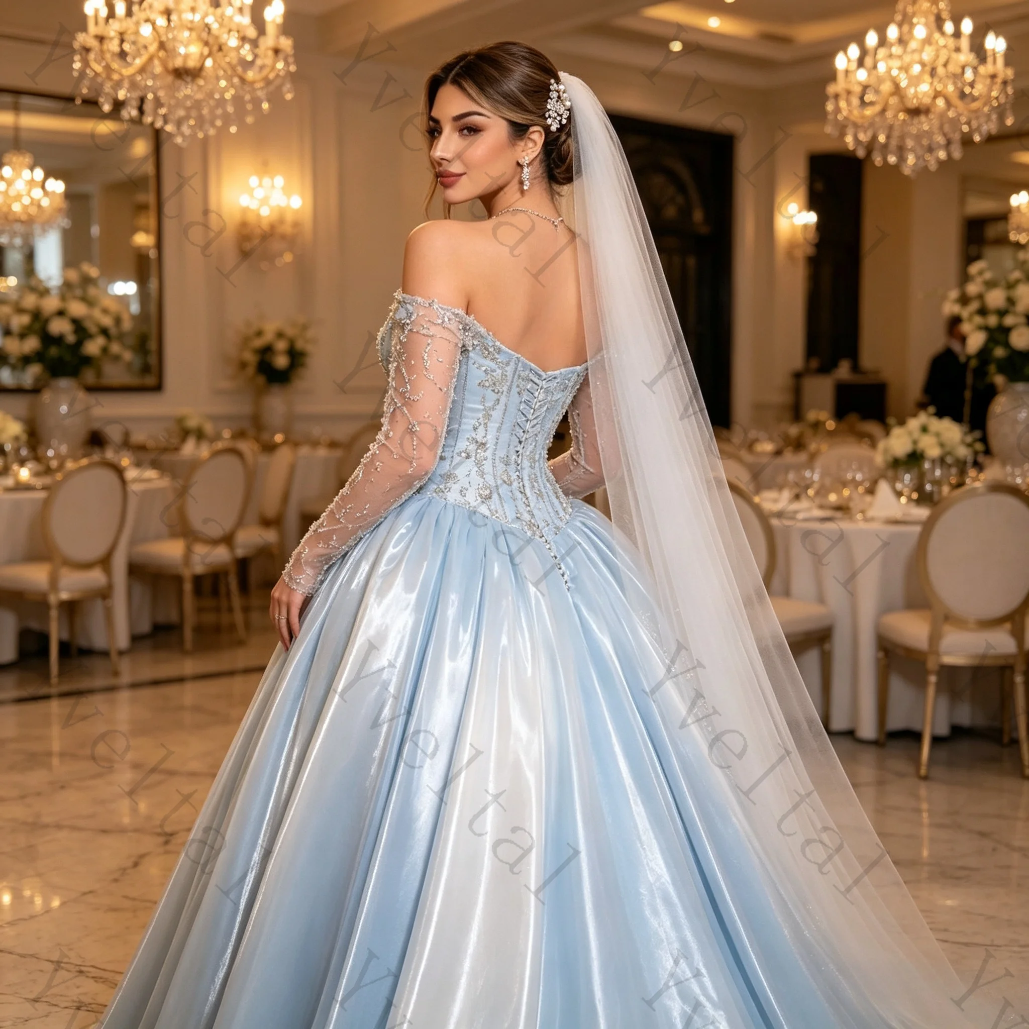 Customized Women Ice Blue Sheer Sleeve Bridal Gown Beaded Bodice A‑Line Skirt Formal Dress for Wedding Reception Party Events