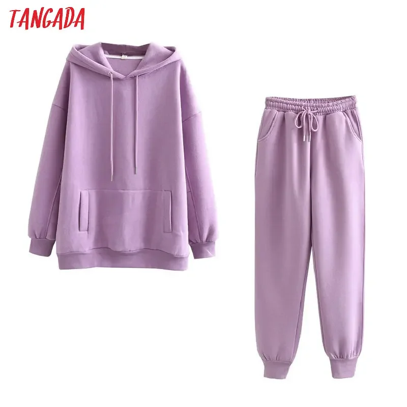 Tangada 2022 Autumn Winter Women Warm Green tracksuit thick fleece cotton suit 2 pieces sets hoodies sweatshirt pants suits 6L17