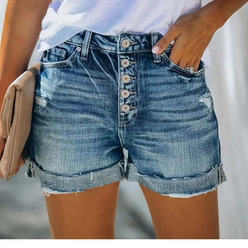 

Высококачественные женские универсальные шорты для похудения в американском стиле, джинсы, женские шорты, джинсовые шорты с перфорированными пуговицами для девочек, шорты с закрученными краями