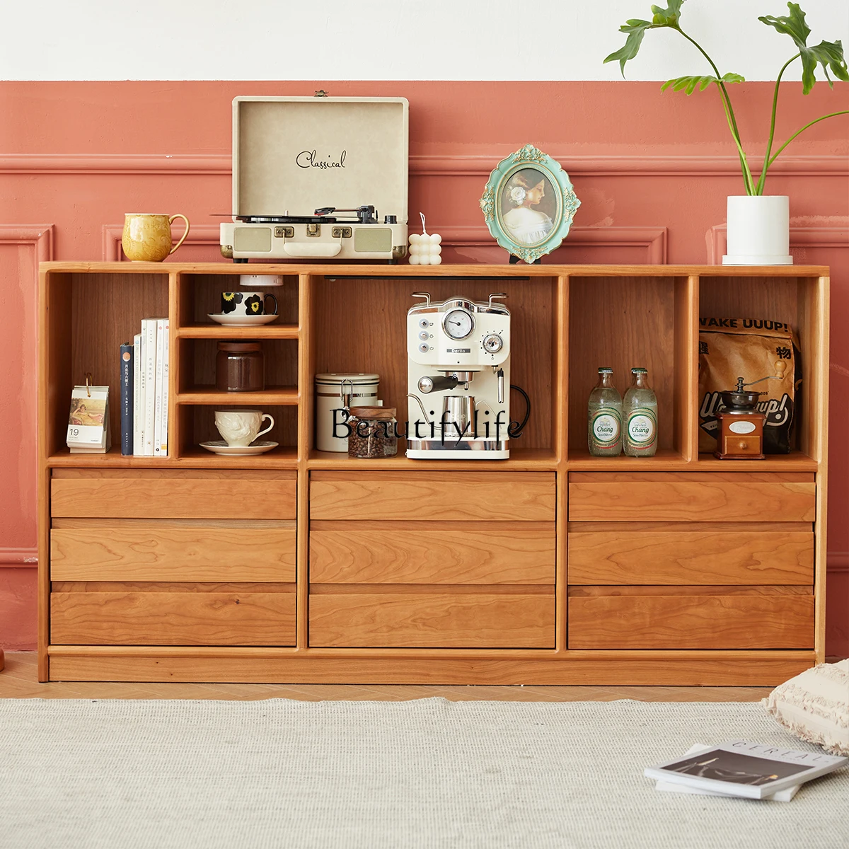 

01Simple solid wood storage combination display cabinet, cherry wood Nordic floor-to-ceiling side cabinet