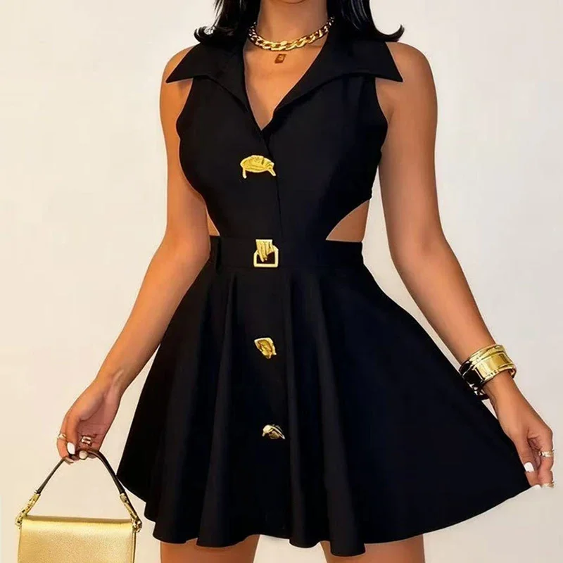 Robe d'été plissée, couleur unie, taille haute, bureau, bouton à revers, ligne A, Sexy, sans manches, Slim, courte