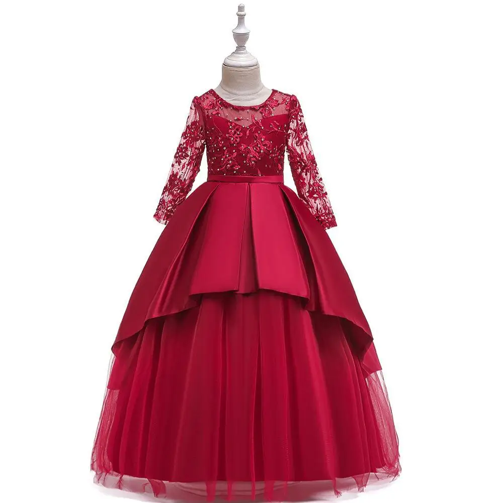4-14Y Girls Bridesmaid Girls Party Dress Long Sleeve First Communion Gown Wedding Party Princess Dresses  Christmas Costumes
