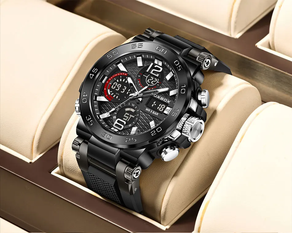 LIGE Neue Uhren für Herren, 50 m wasserdicht, Wecker, Reloj Hombre, LCD-Dual-Display-Armbanduhr, Quarz, Militär, Sport, Herrenuhr – Detail 16
