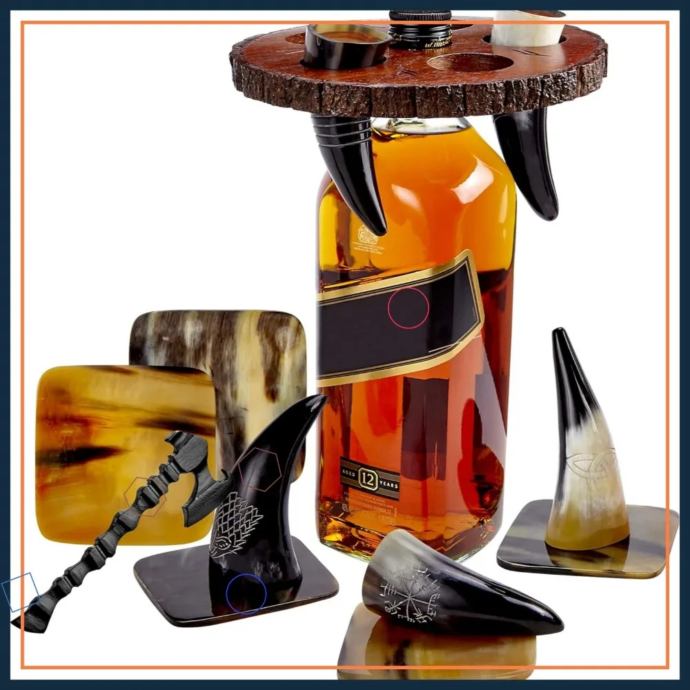 

Viking Horn Drinking Cup Set with Axe Bottle Opener, Coasters, and Wood Stand for Parties and Events