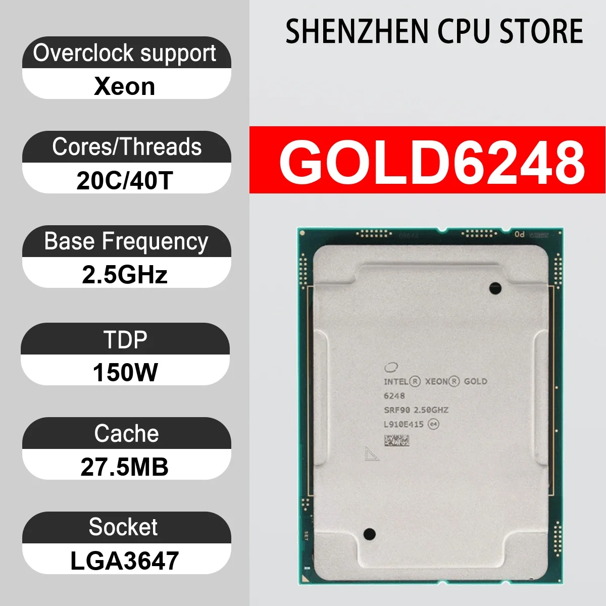 Intel Xeon GOLD6248 20 Core 40 Thread 2.5GHz 150W 27.5MB Cache 14nm LGA3647 SRF90 DDR4-2933 Mhz Cascade Lake