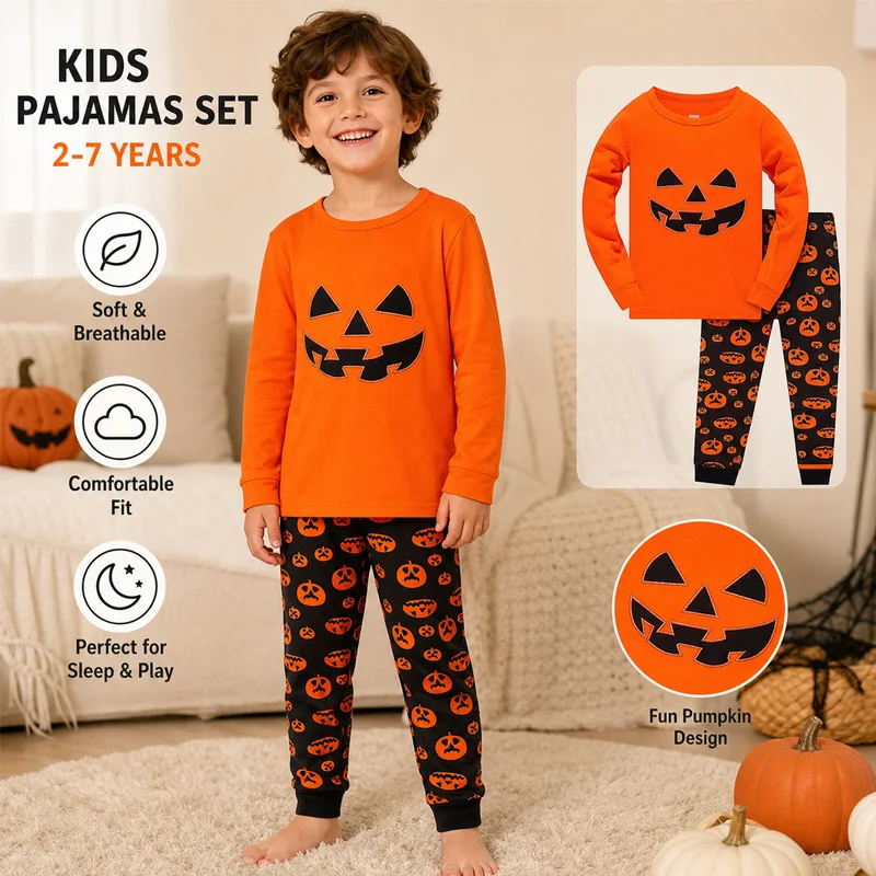 Little Hand Kids Halloween Pumpkin Pajamas Set Long Sleeve Cotton Sleepwear Casual Outerwear for Boys Girls 2-7Y