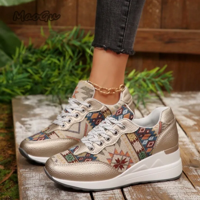 

Fashion Bohemian Women's Platform Sneakers Lace Up Wedges Casual Shoes Autumn Comfortable Shoes for Women Zapatillas De Mujer