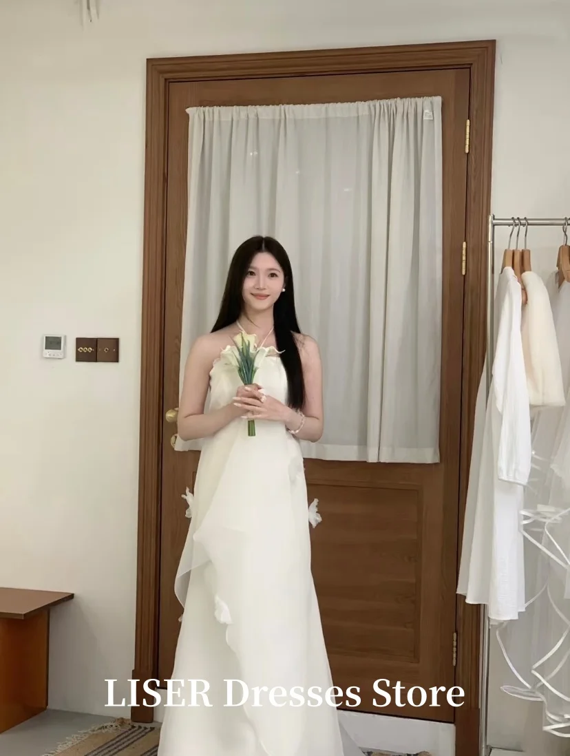 Liser Halter A-Line Korea Wedding Dresses Photo Shoot Silk Organza Appliques Modern Long Bridal Gowns 저녁 드레스 Customized