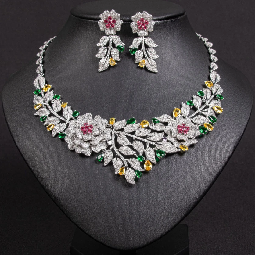 Romantic Multicolor Shiny CZ Flower Shape Jewelry Sets Women Exquisite Necklaces Earrings Banquet Photoshoot Couture Accessory