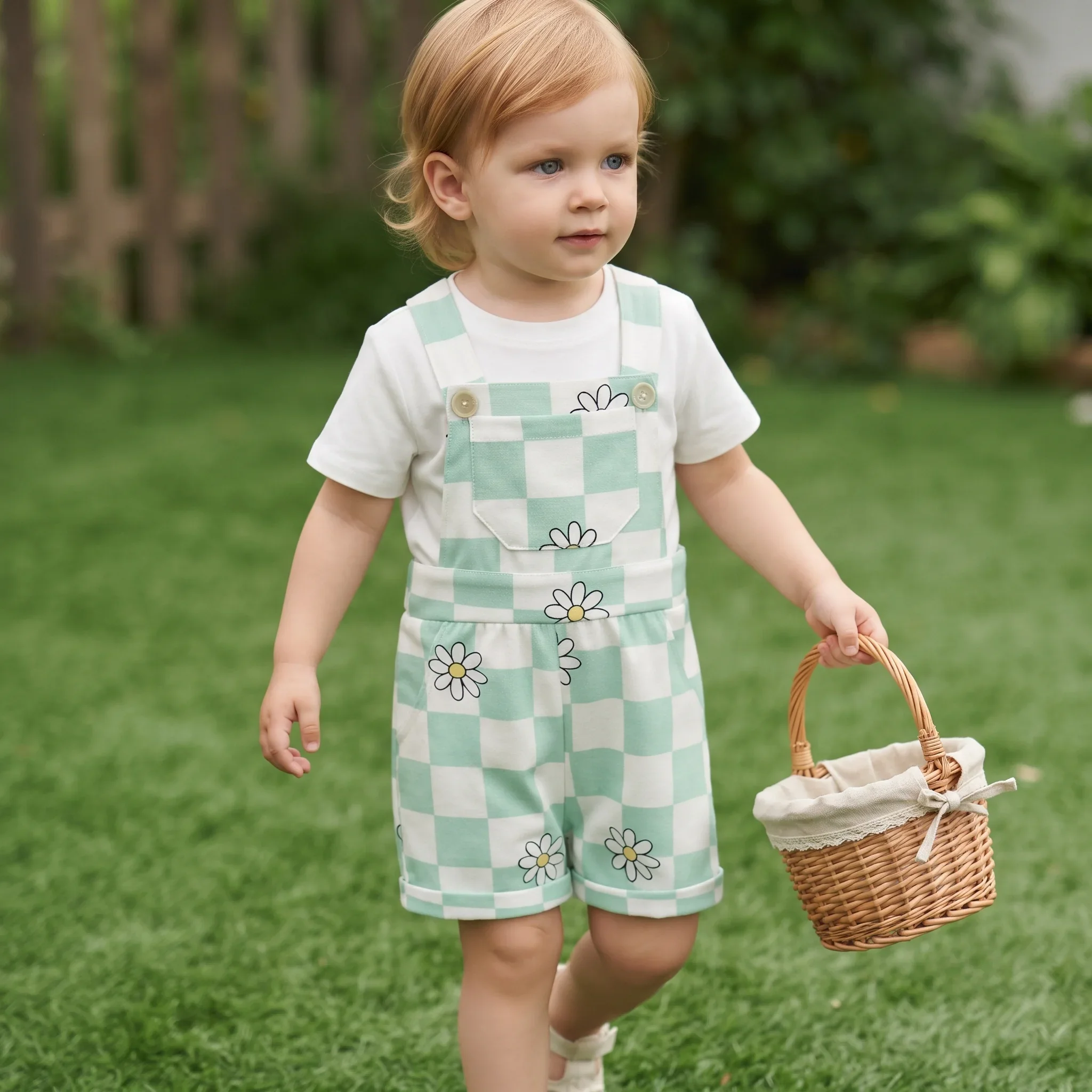 Summer Baby Girls Boys Overalls Green Checkerboard Daisy Print Suspender Shorts Romper Unisex Newborn Casual Outfit 0-3Y