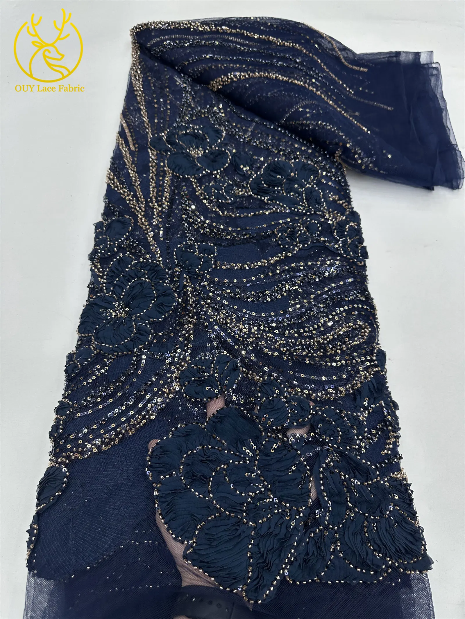 Modische französische 3D-Mesh-Stickerei-Spitze, afrikanischer Perlen-Spitzenstoff, himmelblauer nigerianischer Tüll-Spitzenstoff für Hochzeitskleider und Partykleider zum Nähen – Detail 16