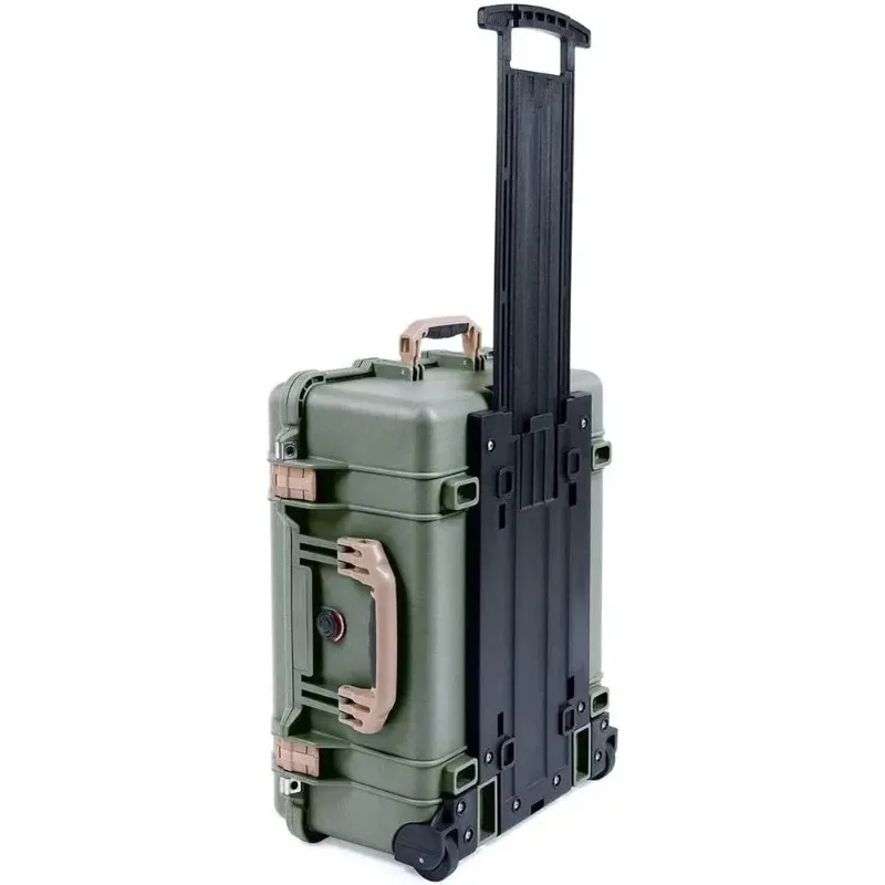 Green 1560 Pelican Case with Tan Handles, Empty, Wheels Included
