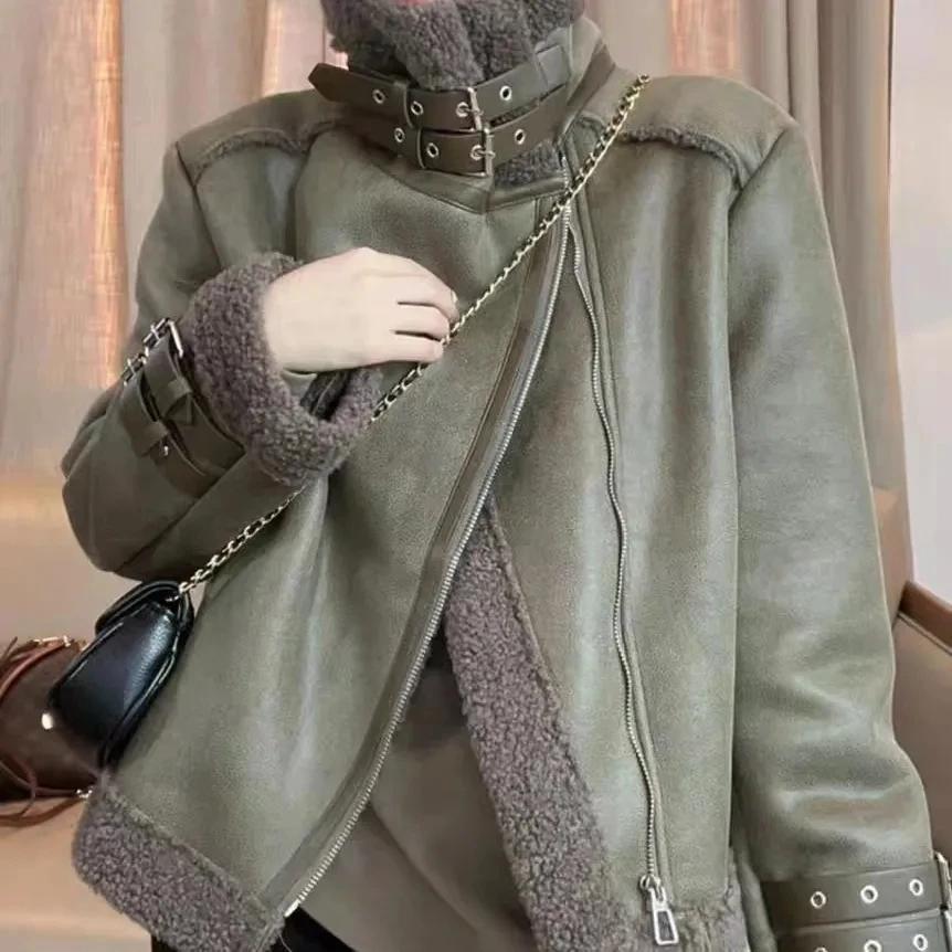 Fur Integrated Jacket Women Autumn Winter Korean Loose Locomotive Jacket Fashion Wild Thicken Warm Fur Coat Lambwool Overcoat