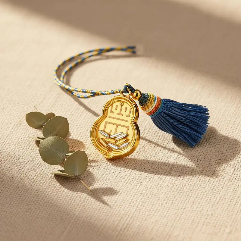 Vintage Chinese Gourd Luck Pendant Gold Plated Handwoven Blue Tassel Necklace Gift for Family Friends