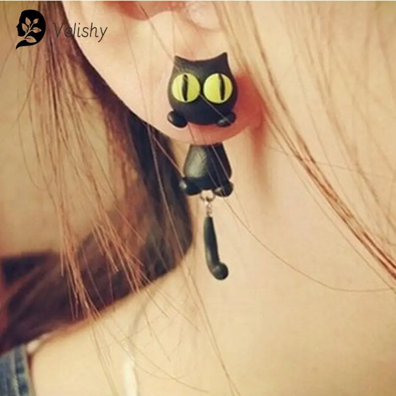 أقراط حيوانات كرتونية للنساء ، عيون صفراء مصنوعة يدويًا ، قرط مرصع بقط لطيف ، طين بوليمر ، مجوهرات أنيقة ، تصميم جديد ، زوج واحد #2