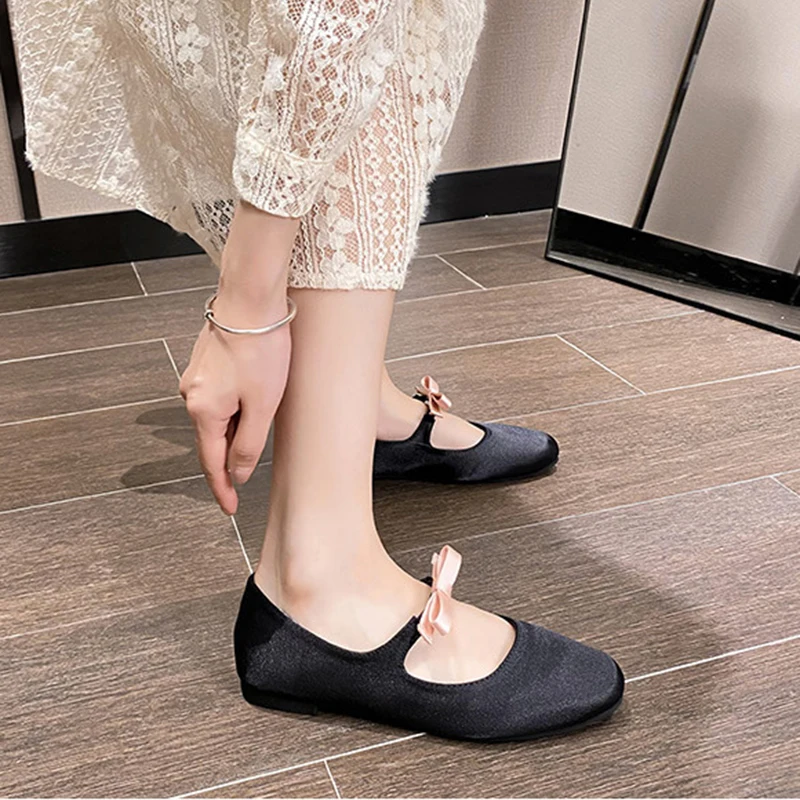 Mary Jane Ballet Flats Spring Autumn Women\'s Shoes Casual Bowtie Square Toe Female Red Ballets Party Bridal Wedding Single Shoes
