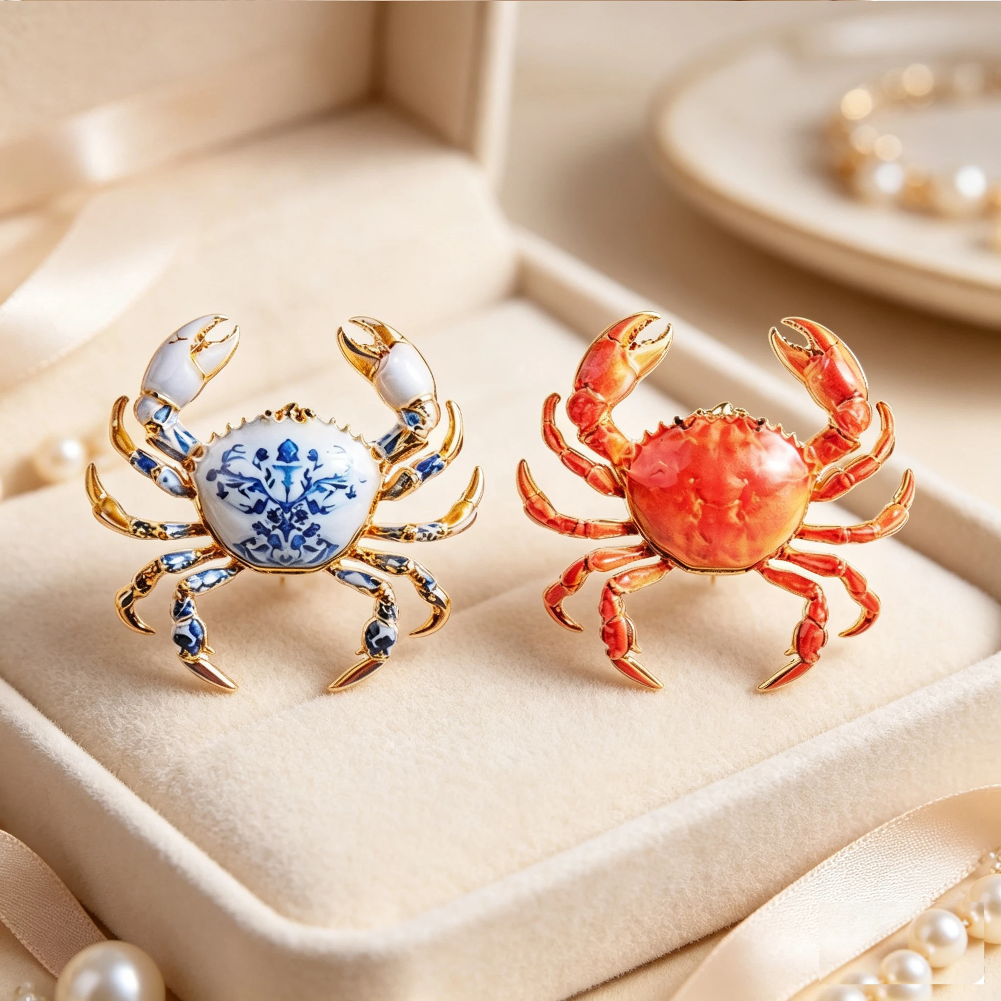 Blue White Mediterranean Flower Crab Enamel Pins Retro Ceramic Crab & Cooked Red Crab Ocean Animal Alloy Brooch Bag Lapel Badges
