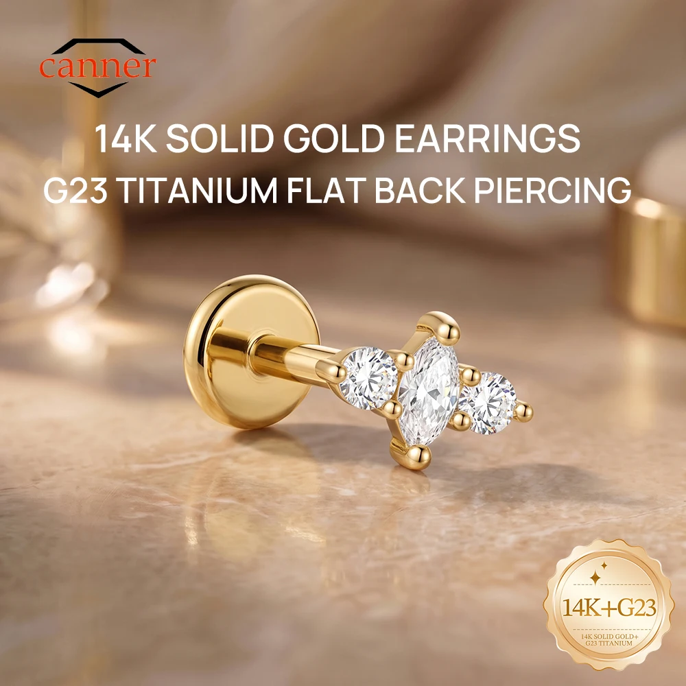CANNER 1PC 14K Solid Gold Marquise CZ Flat Back Piercing Stud Earring Women Simple Helix Tragus Cartilage Earring Jewelry Gift