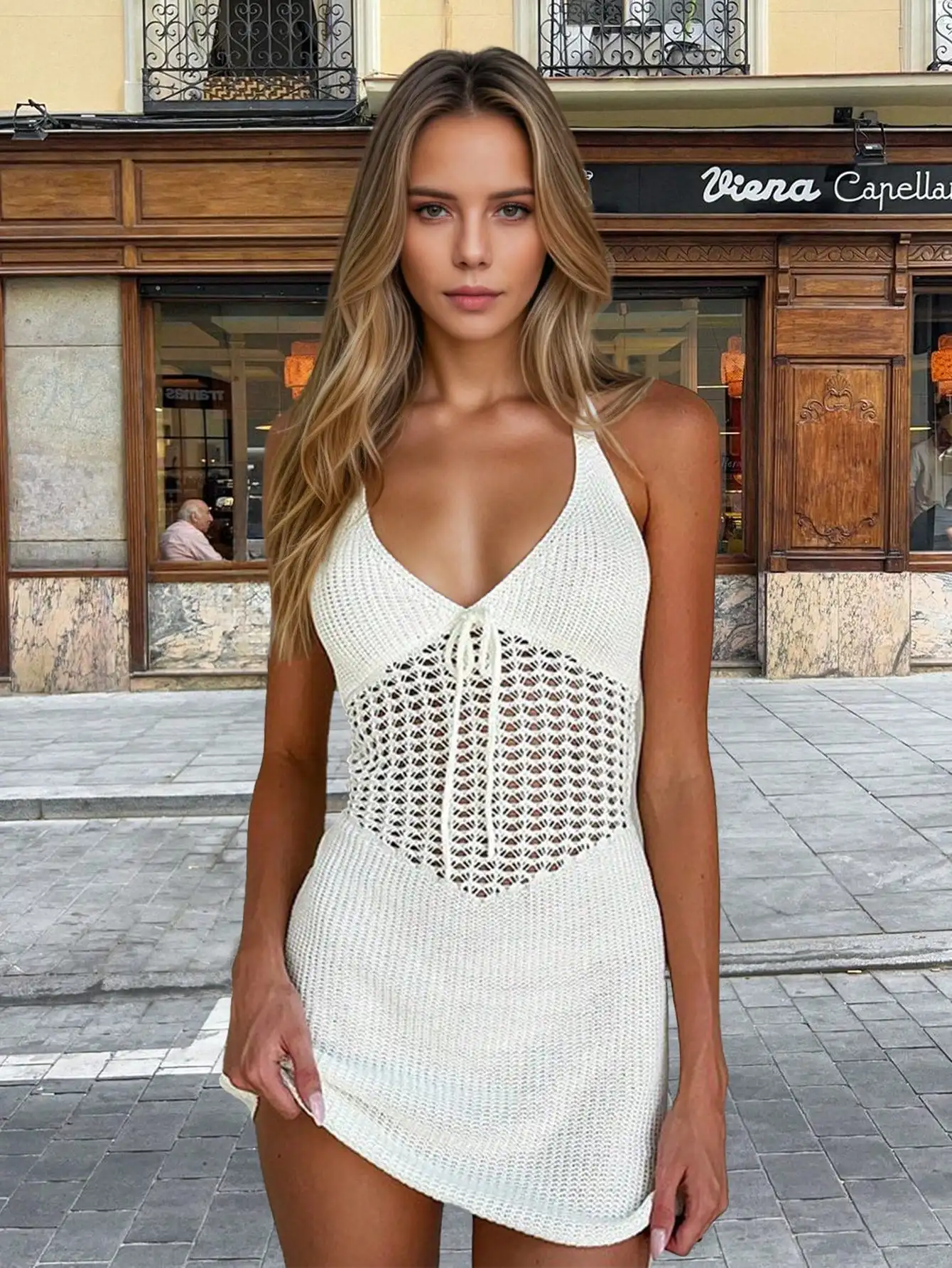 

Women's Hollow Out Knitted Halter Backless Cover Up Dress Summer Beach Vacation Outfit