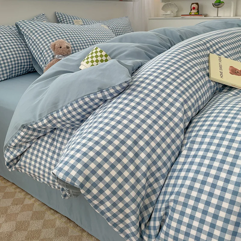Bed Linen Four-piece Comforter Sets Bed Linen 2 Bedroom Simple Checkered Cotton Bed Sheets Pillowcases Striped Bedding Set