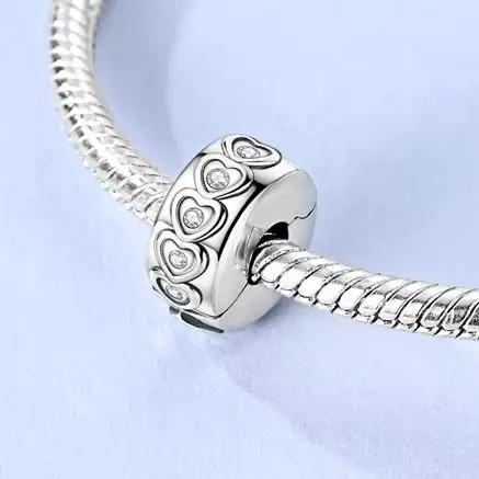 

925 Sterling Silver Stopper Bead Relief Pattern Heart Fixed Clip Fit Charms Bracelet Diy For Woman Jewelry