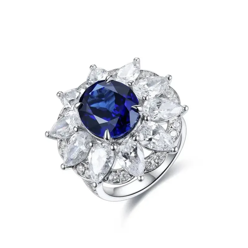 Ruihe 925 Silver Royal Blue Lab Grown Sapphire with Simulated Diamond Cubic Zirconia Gemstone Wedding Ring for Women Jewelry