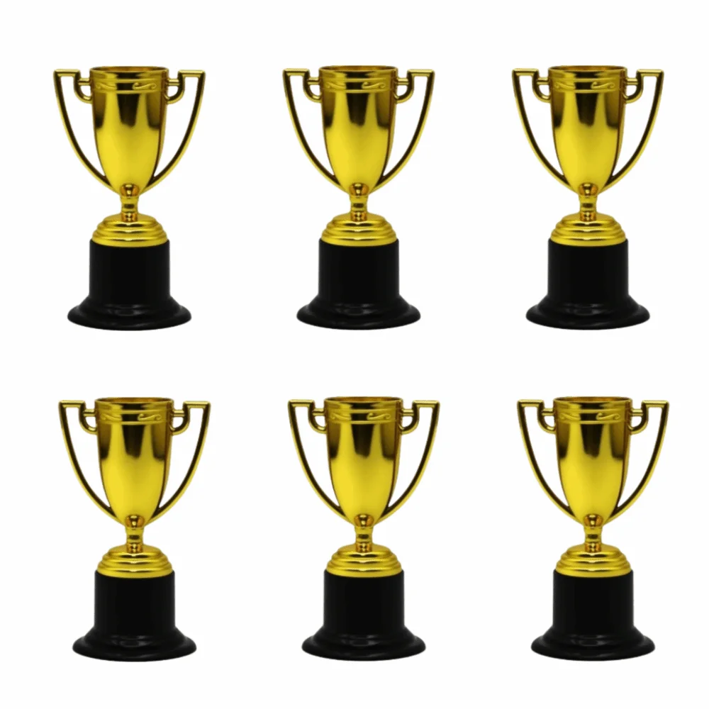 6Pcs Set Mini Trophy Set Plastic Material Mini Size Plastic Trophy Prizes Gold Color Hollow Design Children's Trophy Awards