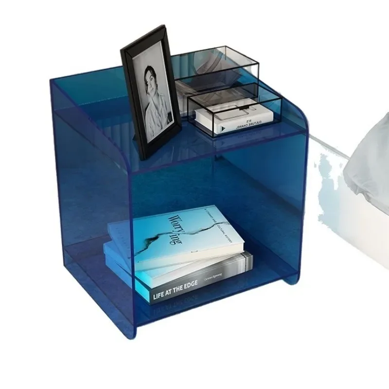 Acrylic bedside table with simple edge corners and storage.