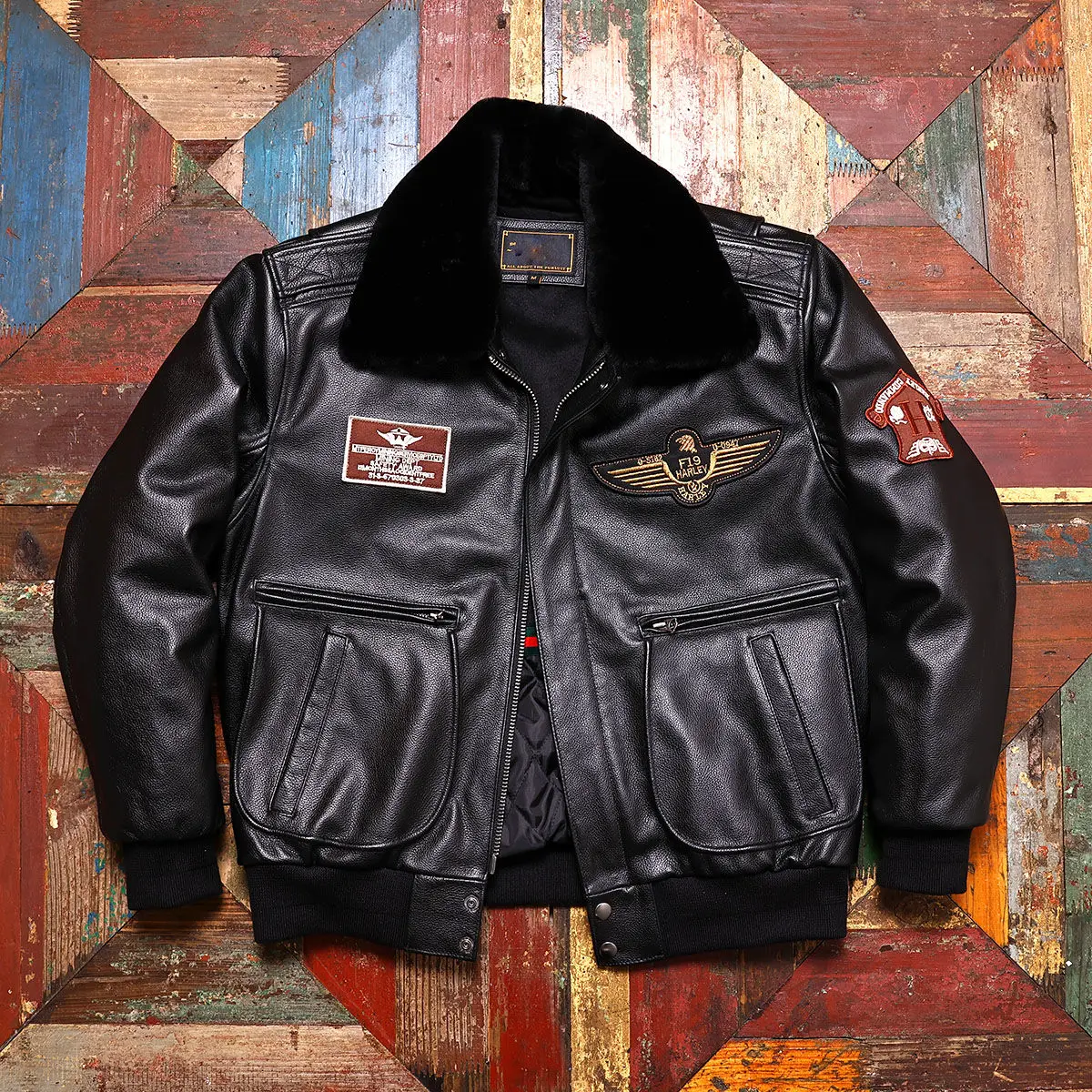 Black Winter Pilot Leather Jacket Men Plus Size 5XL Military Style Genuine Natural Cowhide Flight Leather Coat